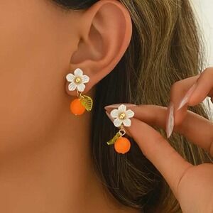 Flower Orange Drop Earrings Dangle Fruit Cute Fun‎ Trendy Women's Jewelry